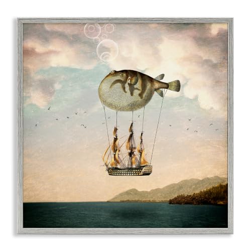 Surreal Puffer Fish Hot Air Balloon, 12 x 12 Inch Framed Giclée Print