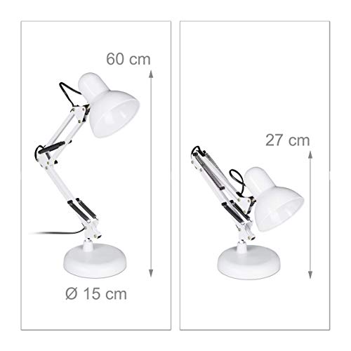 Relaxdays Retro Schreibtischlampe, Gelenk-Arm, schwenkbar, Büro Leselampe, Metall, E27, HxBxT: 50 x 27 x 15 cm, weiß – Bild 5