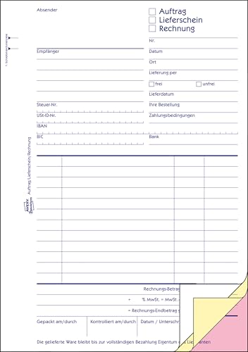 AVERY Zweckform 1749 Auftrag/Lieferschein/Rechnung Kombinationsbuch (A5, 3x40 Blatt, selbstdurchschreibend mit farbigen Durchschlägen, mit Unterschriftenfeld für Auftraggeber) weiß/gelb/rosa