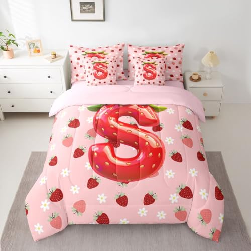 Image of Feelyou Girls Strawberry Comforter Set with Sheets 7 Piece King Size Pink Strawberry Bed in a Bag Kids Boys Girls Initial Letter S Bedding Set Bedroom Decor Breathable Soft Lightweight Microfiber
