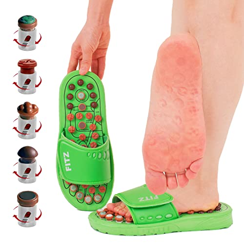 FITZBETTER Reflexology Massage Slippers, Acupressure for Neuropathy, Plantar Fasciitis & Muscle Recovery Special Edition KIT: Reusable Bag & Custom Buttons & Compression Socks, Green, 12-13 (US)