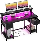GreenForest Computer Desk 50 Inch with Monitor Stand and LED Lights, Gaming Desk with 2 Fabric Drawers and Power Outlets, Office Desk with Shelves, Black