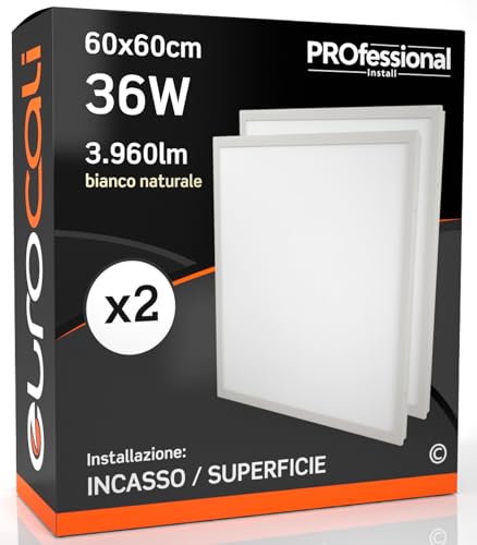 Eurocali Pannelli LED 36W 60x60cm 3960 lumen - Luce Bianco Naturale 4000K - Fascio Luminoso 110° - a incasso o superficie senza bisogno di accessori - Pacco da 2