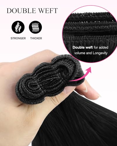 Image of YoungSee Sew in Hair Extensions Real Human Hair Jet Black, Natural Hair Extensions Weft for Women, 16 Inch 100g Straight Remy Hair, Black Human Hair Extension Sew in for Women