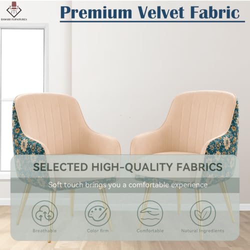 Image of Set of 2 Accent Chair for Living Room | Modern Armchair in Soft Velvet Fabric with Sturdy Legs | Premium Chair for Home Living Room Bedroom Restaurent | (Gold Legs, White Floral)