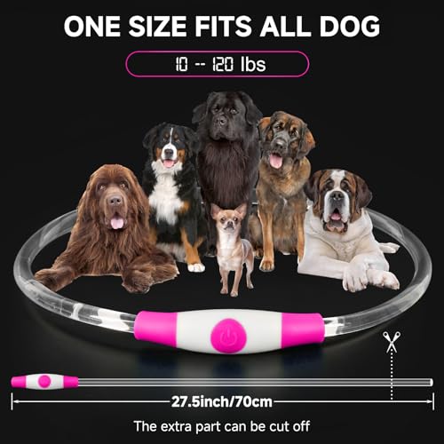 Leuchthalsband Hund Aufladbar, LED Hundehalsband Leuchtend wasserdicht mit 3 Lichtmodi in der Nacht Sicherheit für Kleine, Mittlere und Große Hunde Leuchthalsband, Rosa 70cm