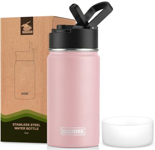 Image of koodee 12 oz Stainless Steel Water Bottle, Double Wall Vacuum Insulated Wide Mouth Flask with Wide Handle Straw Lid (Light Pink)