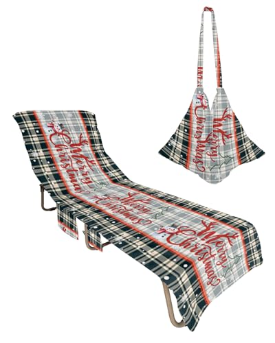 Christmas Beach Lounge Chair Towel Cover, Soft Chaise Lounge Towel with Side Pockets Patio Pool Chairs Cover for Beach/Pool Sunbathing 29x85 Xmas Tree Snowman Snowflake Black Plaid