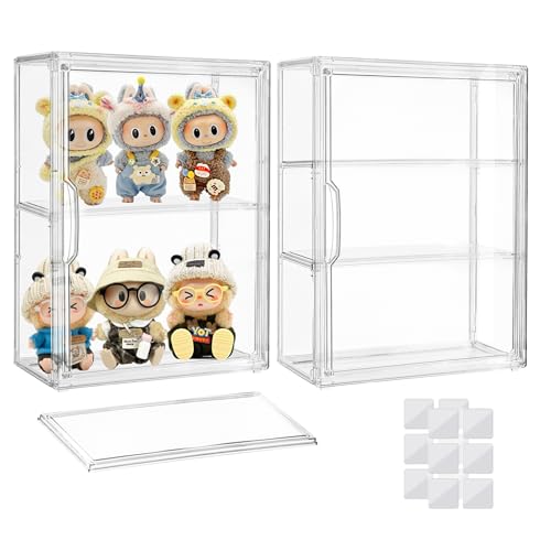 Attelite Acrylic Display Cases for Collectibles, 2 Pack 3 Layer Clear Display Case with Magnetic Door, Wall-Mounted Desktop Clear Showcase with 2 Adjustable Divider Storage Box for Action Figure
