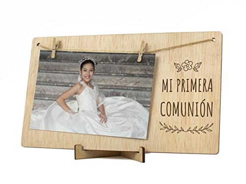 CONTRAXT Portafotos Marcos de fotos Comunion. Regalos originales Decoracion Album Marcos de Fotos madera natural Pinzas tarjetas recuerdos primera comunion 10 x 15 niño niña invitados (Comunion ES)