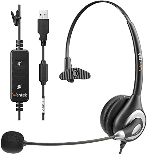 Wantek Corded USB Headsets Mono with Noise Cancelling Mic and in-line Controls, UC Business Headset for Skype, SoftPhone, Call Center, Crystal Clear Chat, Super Lightweight, Ultra Comfort (UC600)