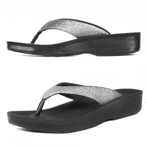AEROTHOTIC Womens Slip On Lightweight Plantar Fasciitis Orthotic Flip Flops Comfortable Walking Outdoor Beach Ladies Arch Support Summer Thong Sandals (Crystal Grey, Size 8)
