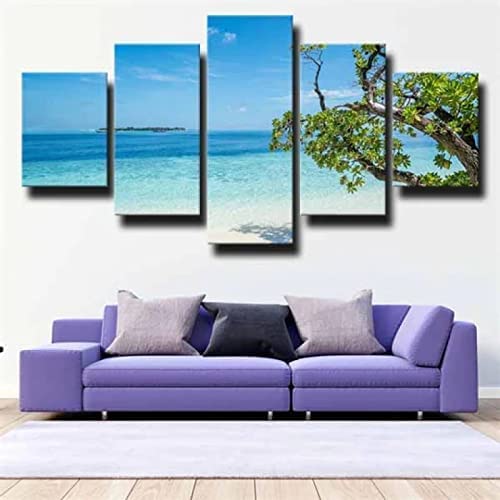 Peinture sur toile plage du lagon bleu 5 pièces 150x100 cm avec cadre