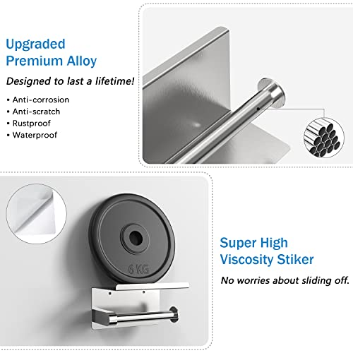 Self Adhesive Toilet Paper Holder With Phone Shelf, Screw-In Wall Mounted Toilet Paper Roll Holder, Rustproof Bathroom Washroom Tissue Roll Holder With Shelf, Toilet Paper Roll Dispenser- Silver #TOP1