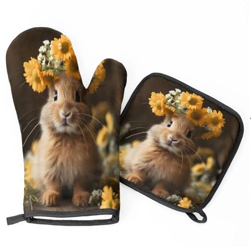 Rabbit Wearing Wreath Oven Mitts Kitchen Oven Gloves for Cooking Baking Heat Proof Lining Cotton Kitchen Potholder Mittens Pot Holders Hot Pads for Chef Women Men