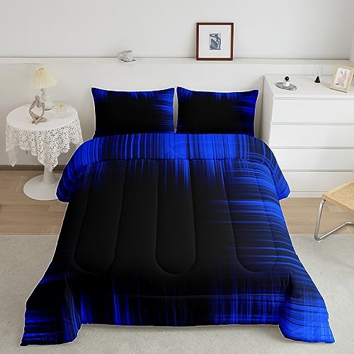 Image of Feelyou Blue and Black Bedding Set King Size, Geometric Artistic Smear Comforter Abstract Ombre Comforter Set Kids Toddler Gradient Lines Duvet Set Kids Room Decor Microfiber Bed Set