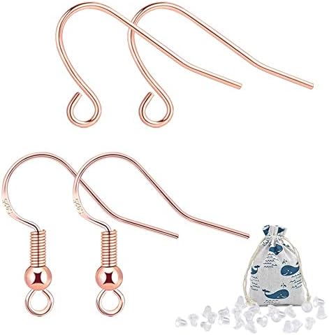 925 Sterling Silver Earring Hooks Hypoallergenic 100Pcs Ear Wires Fish Hooks for Jewelry Making Supplies Findings with 100Pcs Clear Rubber Earring Backs (Rose Gold)