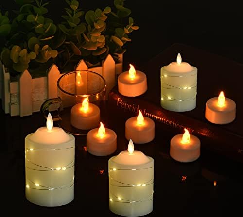 Battery Operated Led Flameless Candles :with Embedded String Lights,3 Pack Ivory Flickering Electric Candle lamp ,with 10-Key Remote Control and Cycle 24 Hours Timer Festival, Party, Home Decor
