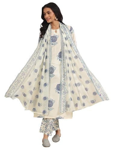 Image of Libas Printed Silk Blend Straight Kurta with Trouser and Dupatta