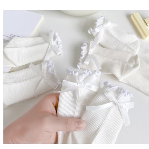 Image of Womens Bow Socks Ruffle Casual Crew Black Whitte Soft Breathable Cotton 4 Pairs Socks