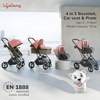 Lifelong Cuppy Baby Strollers 0 to 3 Years - 5 in 1 Stroller/Pram, Car Seat, Bassinet & Carry Cot - Sturdy Stroller with Bottle Holder & Mosquito Net | Foldable & Pram with European Safety Certified