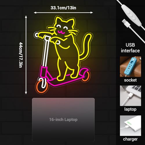 Image of Cute Cat Neon Sign, Skateboard Neon Signs for Wall Decor Dimmable USB Room Decor for Teen Girl, Party, Bedroom, Pub, Furniture, Gifts for Birthday, Christmas (Skateboard Cat-Yellow)