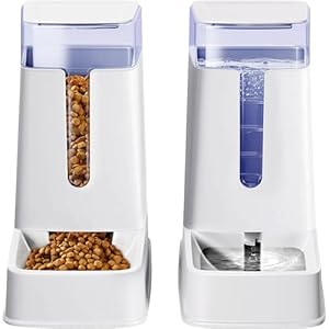 2 Packs Automatic Cat Feeder and Waterer, Gravity Dog Food and Water Dispenser Set for Small Medium Big Pets Cats Dogs Puppy Kitten, 1 Gallon x 2 (White)