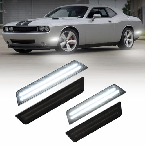 AUTOONE Upgraded LED Side Marker Lights For 2008-2014 Dodge Challenger, White Front & Rear Fender Parking Lamps, Smoked Lens Driver & Passenger Side, Pack of 4