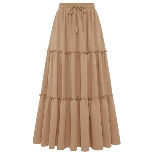 Arolina Women's Summer Maxi Skirt Trendy High Waist Pleated Ruffle Long Skirts Flowy Beach Boho Skirt Dress with Pockets Light Khaki X-Large