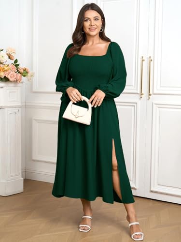 SCOMCHIC Women's Plus Size Fall Dresses Long Sleeve Square Neck Smocked Flowy A-Line Formal Wedding Guest Maxi Dress2