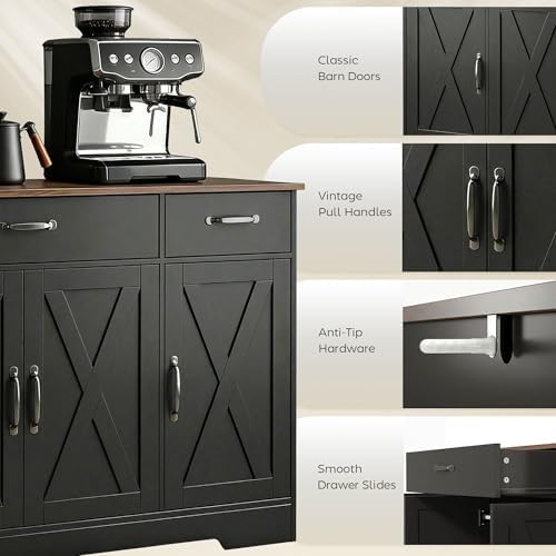 HOMCOM Sideboard Buffet Cabinet, 55" Farmhouse Kitchen Storage Cabinet with 4 Barn Doors, 3 Drawers, 3 Adjustable Shelves, Coffee Bar Station, TV Stand for TVs up to 60 Inch, Black - 5