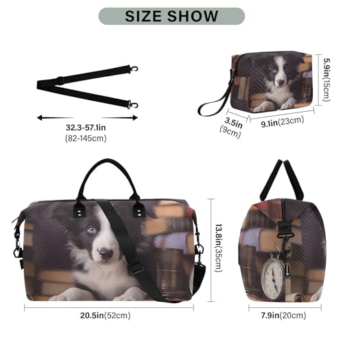Large Travel Duffel Bag, Border Collie Books Clock Sport Tote Gym Bag, Shoulder Weekender Overnight Bag for Women Men, Carry On Luggage with Toiletry Bag3