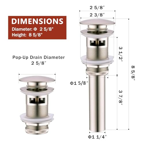 Yodel Faucet Bathroom Sink Drain Stopper Pop up Drain with Overflow for Vessel Sink Lavatory Vanity,Brushed Nickel,YDPOP-3
