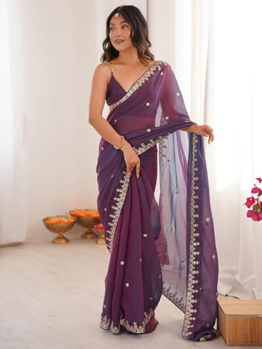 Image of AKHILAM Women's Shimmer Chiffon Sequence Embroidery Saree With Unstitched Blouse Piece(AARYAN21601 KR Parent)