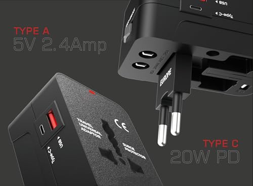 Image of Hawk International Travel Adapter with USB-A and USB-C, Universal Multi-Plug Type A /C /G /I, 20W PD Fast Charging, Charcoal Black, Model Alpha
