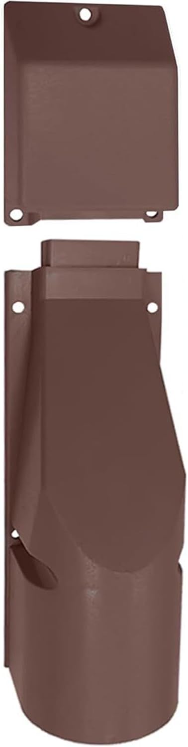 Brown BT Openreach 101A + Connector Bend No. 4 outdoor cable cover capping protects the wall entry point & gives the underground telephone broadband drop wire main feed protection from damage
