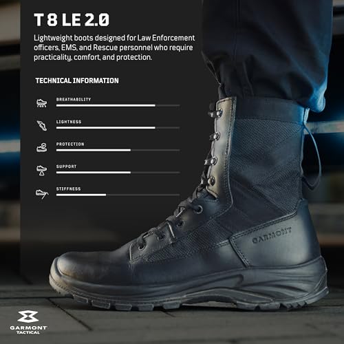 GARMONT TACTICAL T8 LE 2.0 Law Enforcement EMS Boots for Men and Women, Polishable Full Grain Leather, Lightweight and Breathable, Side Zipper, Uniform Compliant, 8" High, Black2