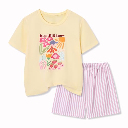 Image of Teen Girls Clothes 2 Piece Graphic T Shirt & Striped Shorts Outfit Set Summer Back to School Clothes Size 7-14