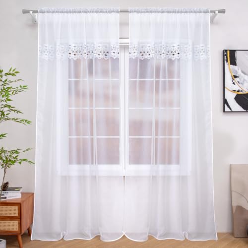 Sheer Curtains White Embroidered Floral 84 Inches Long, Voile Sheer