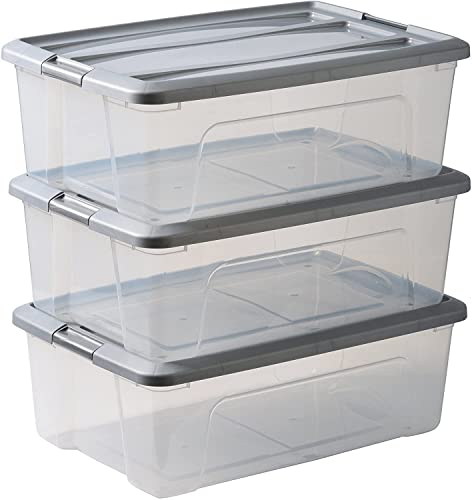 Iris Ohyama, Lot de 3 boîtes de rangement, 30L - Empilable - L58 x l39.5 x H20.5 cm - Gris / Transparent