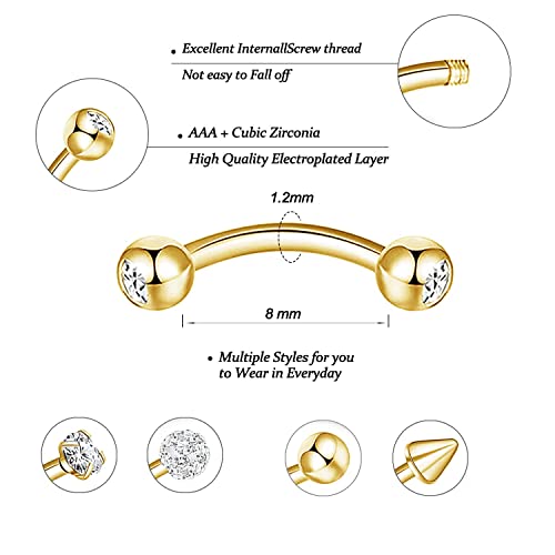 Yachy 18Pcs 16G Eyebrow Piercing Jewelry For Women Men, Eyebrow Rings Rook Earrings Rook Piercing Jewelry Belly Lip Ring Curved Barbells Eyebrow Piercing Cartilage Daith Helix Tragus Body Piercings (H-Gold-8Mm) #TOP2
