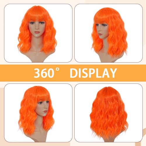 Image of Pastel Bright Orange Wavy Bob Wig for Women, Short Shoulder Length Synthetic Wig with Bangs, Matte Natural Realistic Look Lightweight Hairpiece, Orange Color for Gift & Cosplay Costume