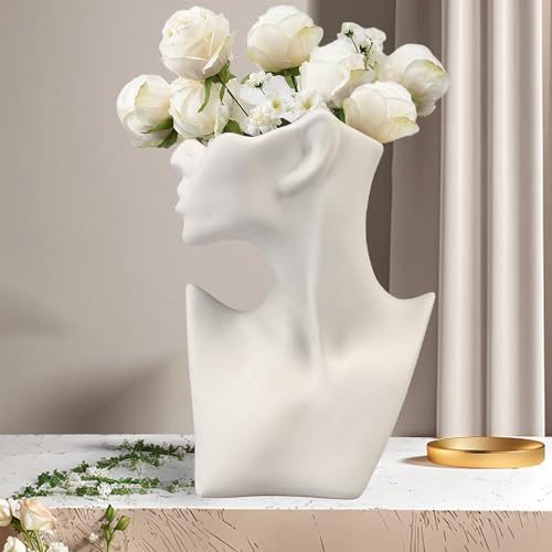 HOMURY Vaso in ceramica bianco, vaso con profilo femminile, vaso da tavolo per erba della pampa, vaso per il viso, vaso di fiori, forma del corpo umano per il soggiorno, decorazione della casa