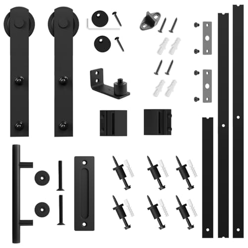 SMARTSTANDARD 8 FT Heavy Duty Sturdy Sliding Barn Door Hardware Kit, Black, (Whole Set Includes 1x Pull Handle Set & 1x Floor Guide) Fit 42"-48" Wide Door Panel (I Shape Hanger) by SMARTSTANDARD - Image 6