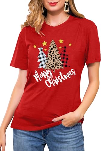 tiorhooe Christmas T Shirts Women Christmas Tree Shirt Ladies Merry Christmas Tee Shirt (B-Red1,L) - Image 3