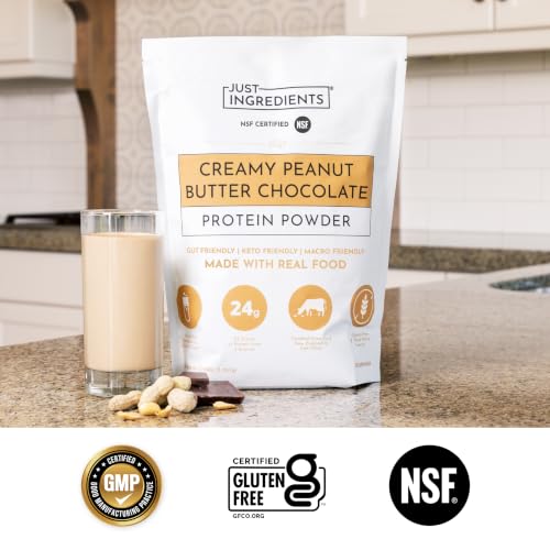 Image of JUST INGREDIENTS Creamy Peanut Butter Chocolate Protein Powder - 30-ServingBlend with Grass-Fed Whey, Pea, Pumpkin Seed, Chia & Collagen - No Sugar Added - No Gums 24g Protein