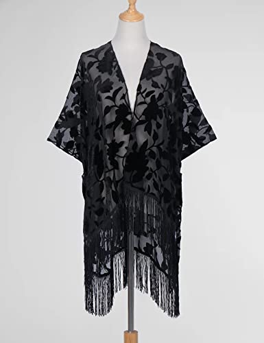 Image of MJ SERECA Women's Burnout Velvet Kimono Cardigan Cover Up with Tassel