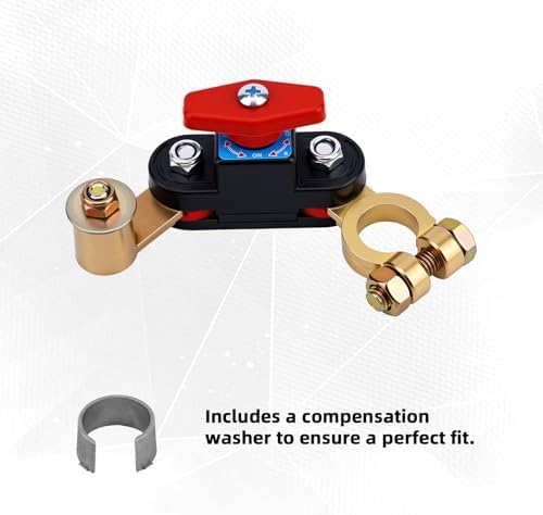 Car Battery Disconnect Switch with Wrench & Washer, Heavy Duty Car Battery Power Cut Off Breaker 12-24V Top Post Kill Switch for Cars Truck Boat RV Marine & ATV - 4