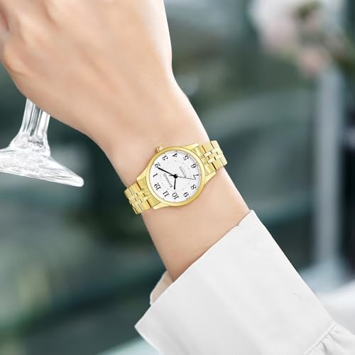 Miniatura 2 de Kniskred Reloj De Fácil Lectura Para Mujer Con Correa Sólida De Acero Inoxidable Reloj De Vestir Para Damas Resistente Al Agua Dorado Blanco