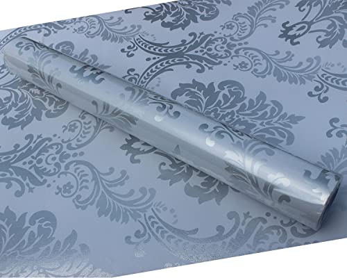 Upgrade Thickening White Silver Damask Wallpaper Peel And Stick Wall Paper Decorative Self Adhesive Shelf Drawer Liner Roll 17.7 Inch X 32.8 Ft #TOP7